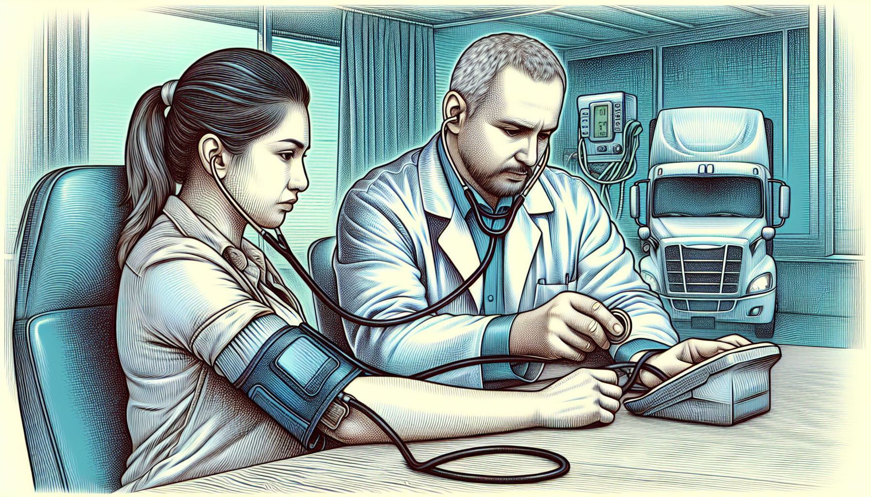Illustration of a driver undergoing a health assessment for a 3-month DOT medical card