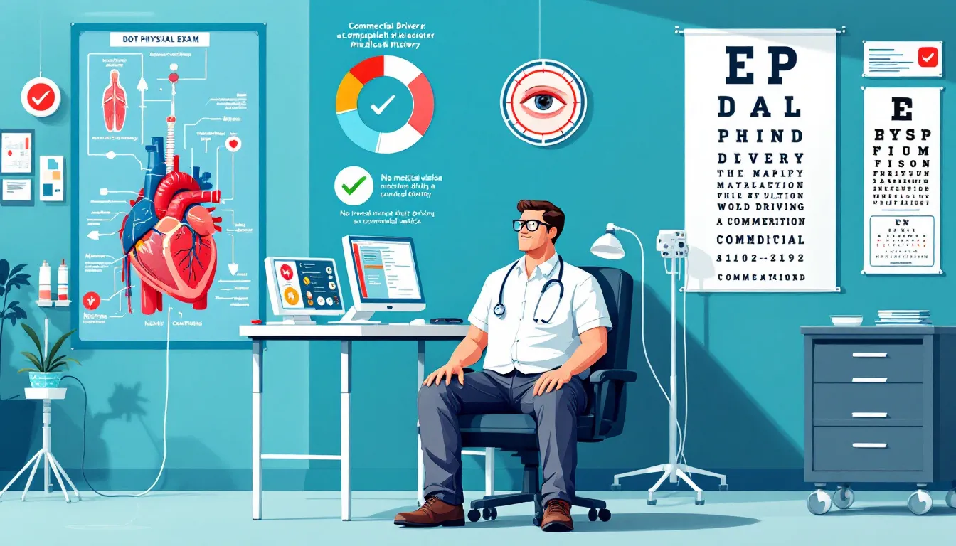 An illustration of a commercial driver undergoing a DOT physical exam.