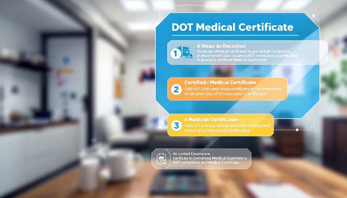 An illustration showing a DOT medical certificate with a blurred background of a certified medical examiner's office.