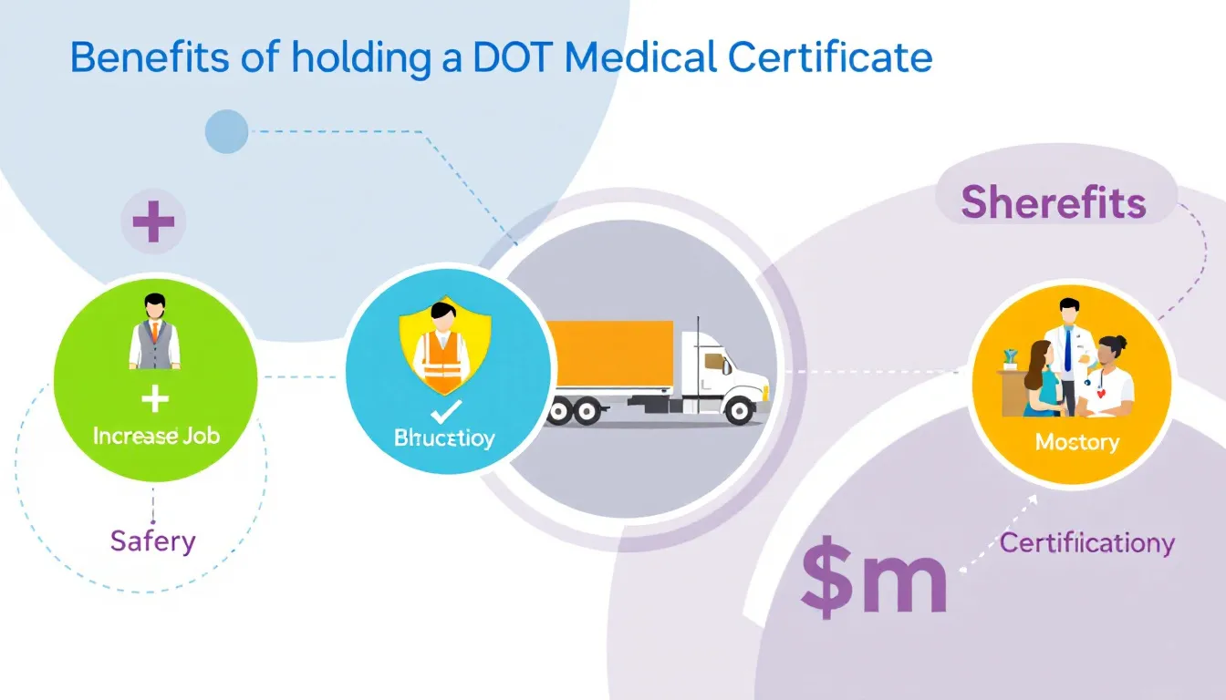 A graphic showing the benefits of holding a DOT medical certificate, including job opportunities and safety.