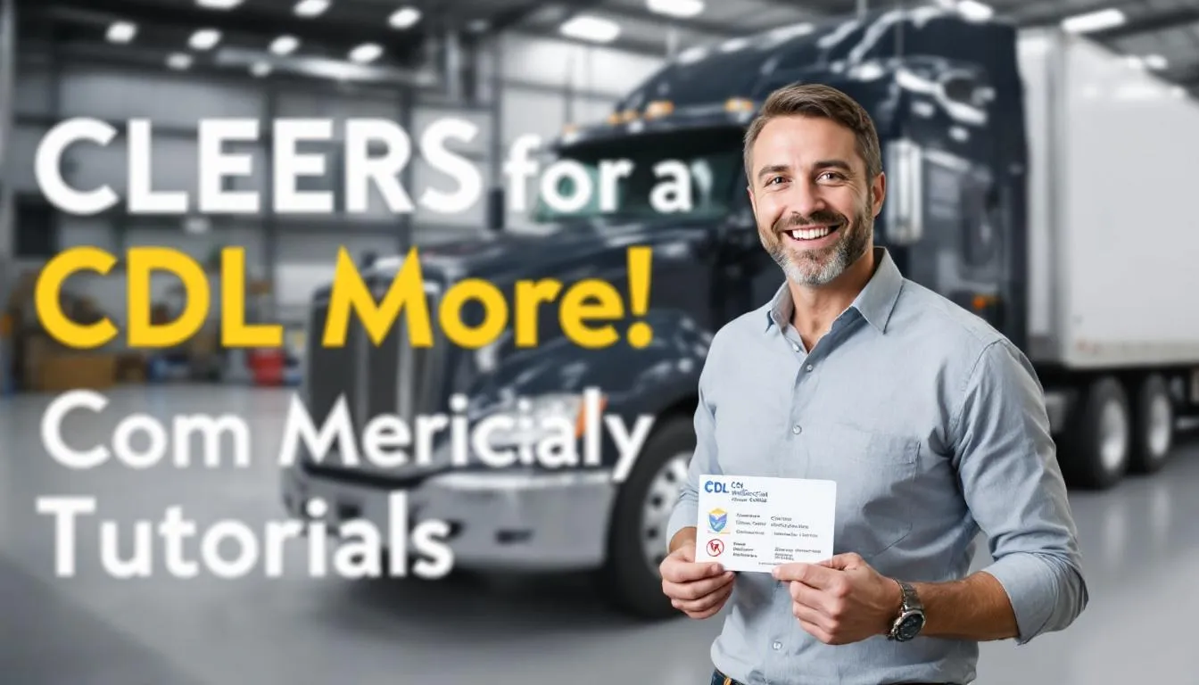 A happy commercial driver holding a CDL medical card with a truck in the background.