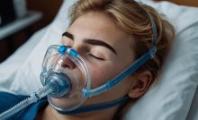 A woman with sleep apnea using a CPAP machine.