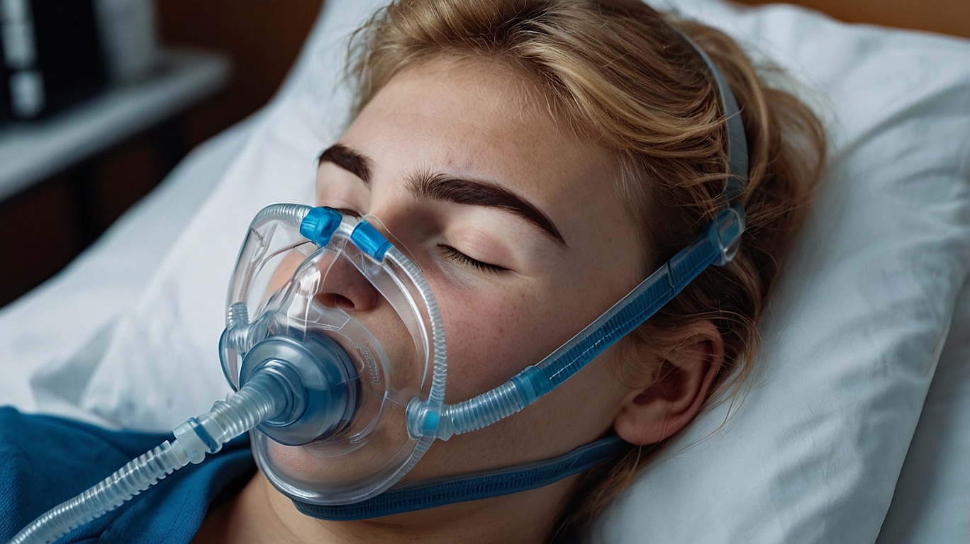 A woman with sleep apnea using a CPAP machine.