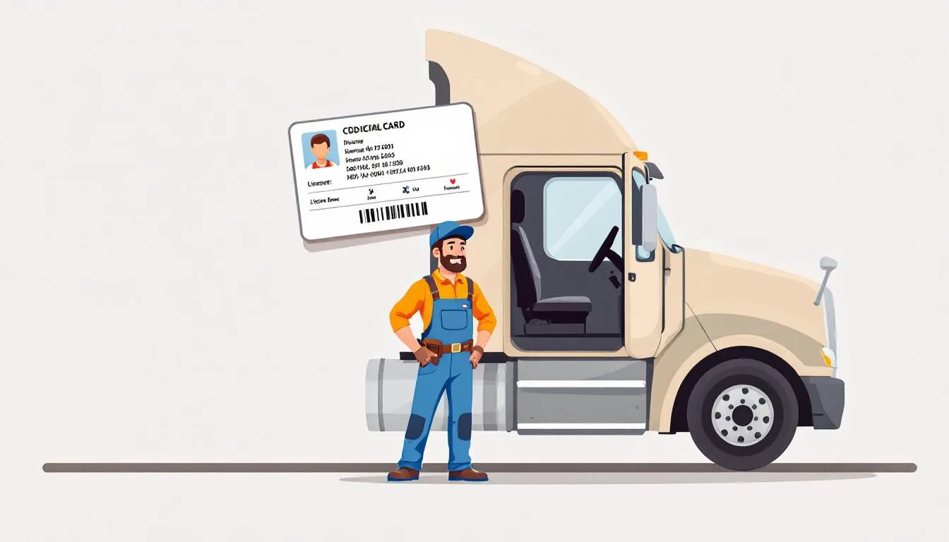 An illustration showing a CDL medical card alongside a commercial driver in a truck.