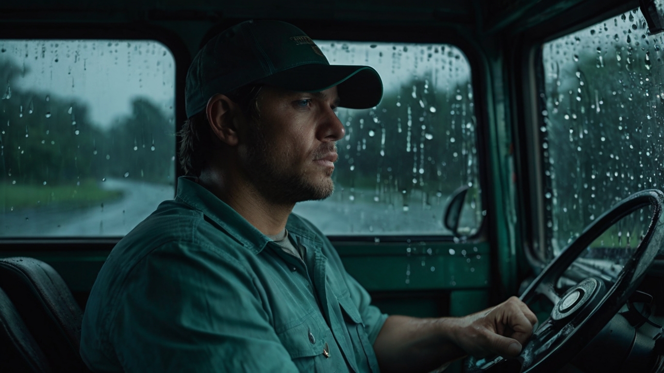 Truck driver navigating at night and rain emphasizing the importance of DOT mental health requirements.