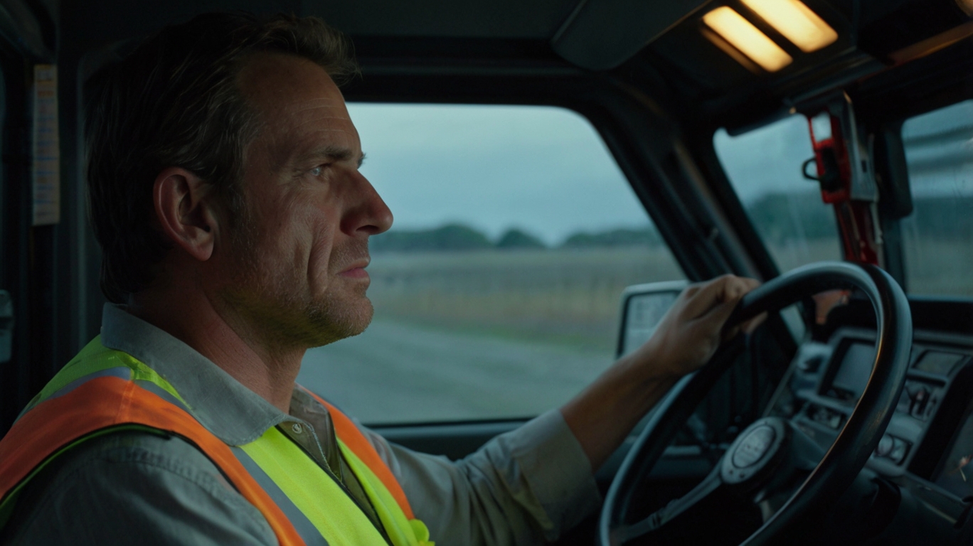 A DOT truck driver sitting in a commercial truck.
