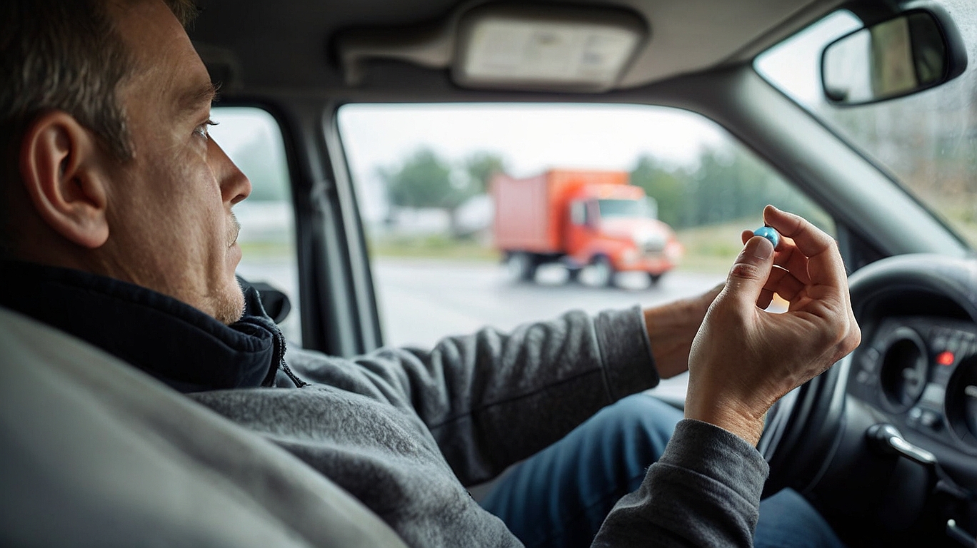 Truck driver evaluating mental health medication, underscoring the intricacies of DOT mental health requirements.