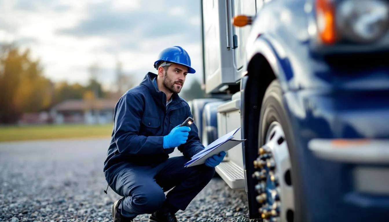 The image shows a professional truck driver conducting a thorough pre-trip inspection on their commercial motor vehicle, ensuring that everything is in proper working order before hitting the road. This essential safety check is crucial for all drivers, including those with a commercial driver's license and deaf CDL drivers who may require reasonable accommodations.