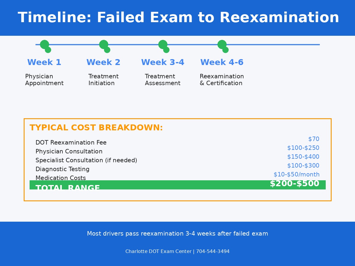 Week-by-week timeline from failed DOT physical exam to reexamination, showing physician appointments, treatment, assessment phases, and cost breakdown ranging from $200-$500