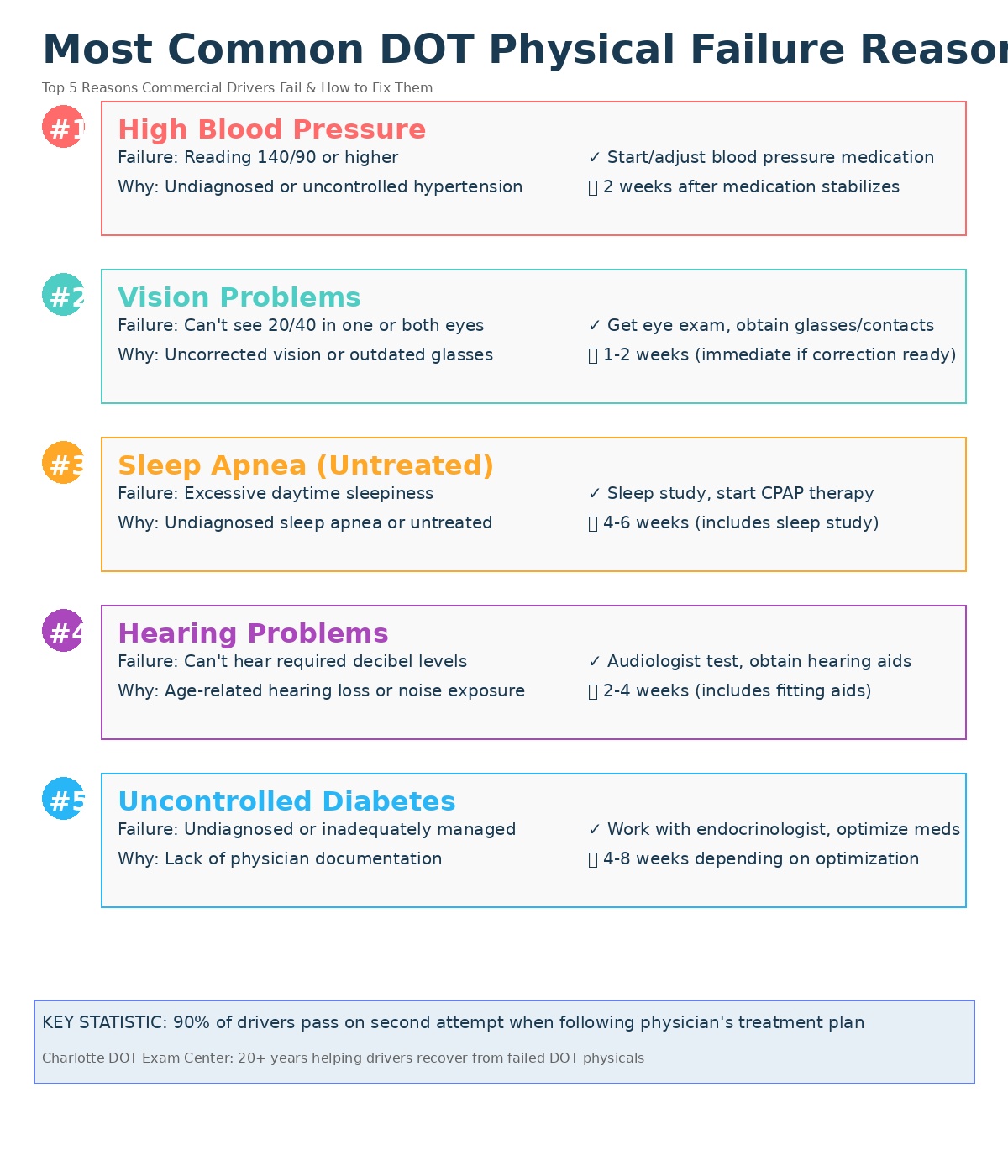 Most Common DOT Physical Failures & How to Fix Them 2 Most Common DOT Physical Failure Reasons ranked infographic for commercial drivers. Number 1 high blood pressure 140/90 or higher requiring medication and lifestyle changes with 2 week recovery. Number 2 vision problems unable to see 20/40 requiring glasses or contacts with 1-2 week recovery. Number 3 sleep apnea untreated requiring sleep study and CPAP therapy with 4-6 week recovery. Number 4 hearing problems requiring audiologist evaluation and hearing aids with 2-4 week recovery. Number 5 uncontrolled diabetes requiring endocrinologist care with 4-8 week recovery. Each failure reason includes why it happens, solution, and timeline to retest. Shows 90% pass rate on second attempt for Charlotte NC drivers.