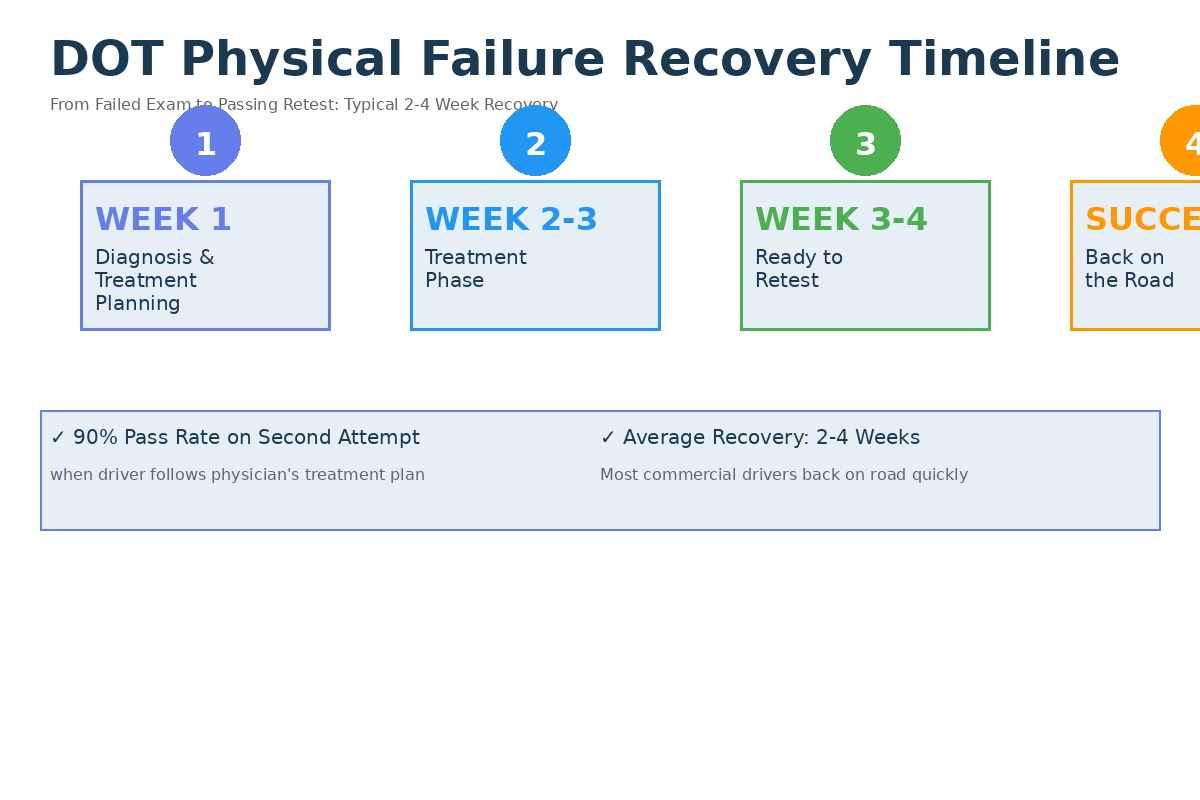 Failed Your DOT Physical? Your Step-by-Step Recovery Guide 2 DOT Physical Failure Recovery Timeline infographic showing 4-week recovery process: Week 1 diagnosis and treatment planning, Week 2-3 treatment phase following physician plan, Week 3-4 ready to retest and pass exam. Visual timeline with 90% pass rate statistic for second attempt when driver follows physician's treatment plan. Average recovery time 2-4 weeks for commercial drivers in Charlotte NC. Week-by-week breakdown for failed DOT exam recovery.