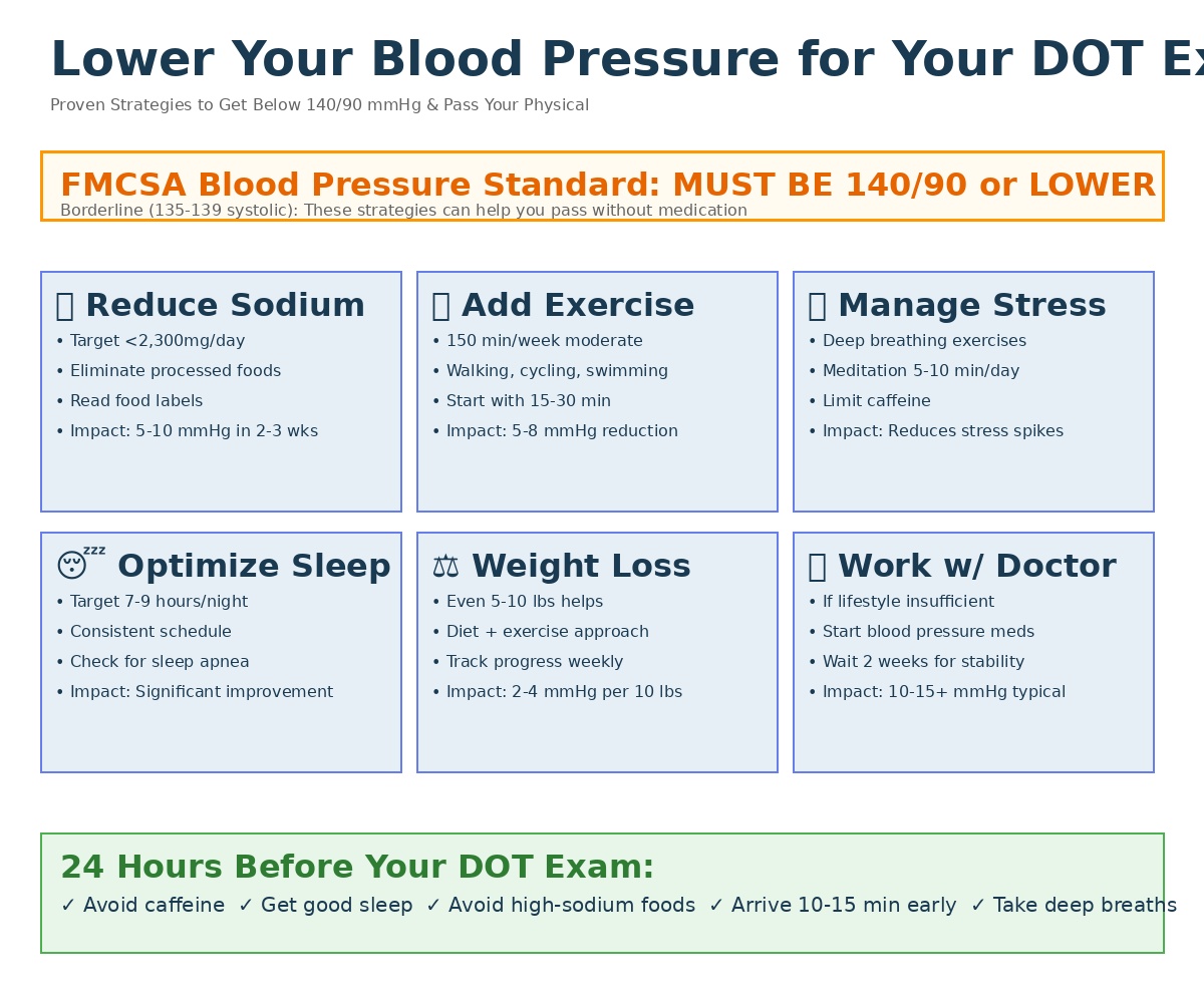 6 proven strategies to lower blood pressure below 140/90 for DOT exam: diet, exercise, stress management, sleep, weight loss, medication. 30-day action plan. Charlotte NC drivers guide.