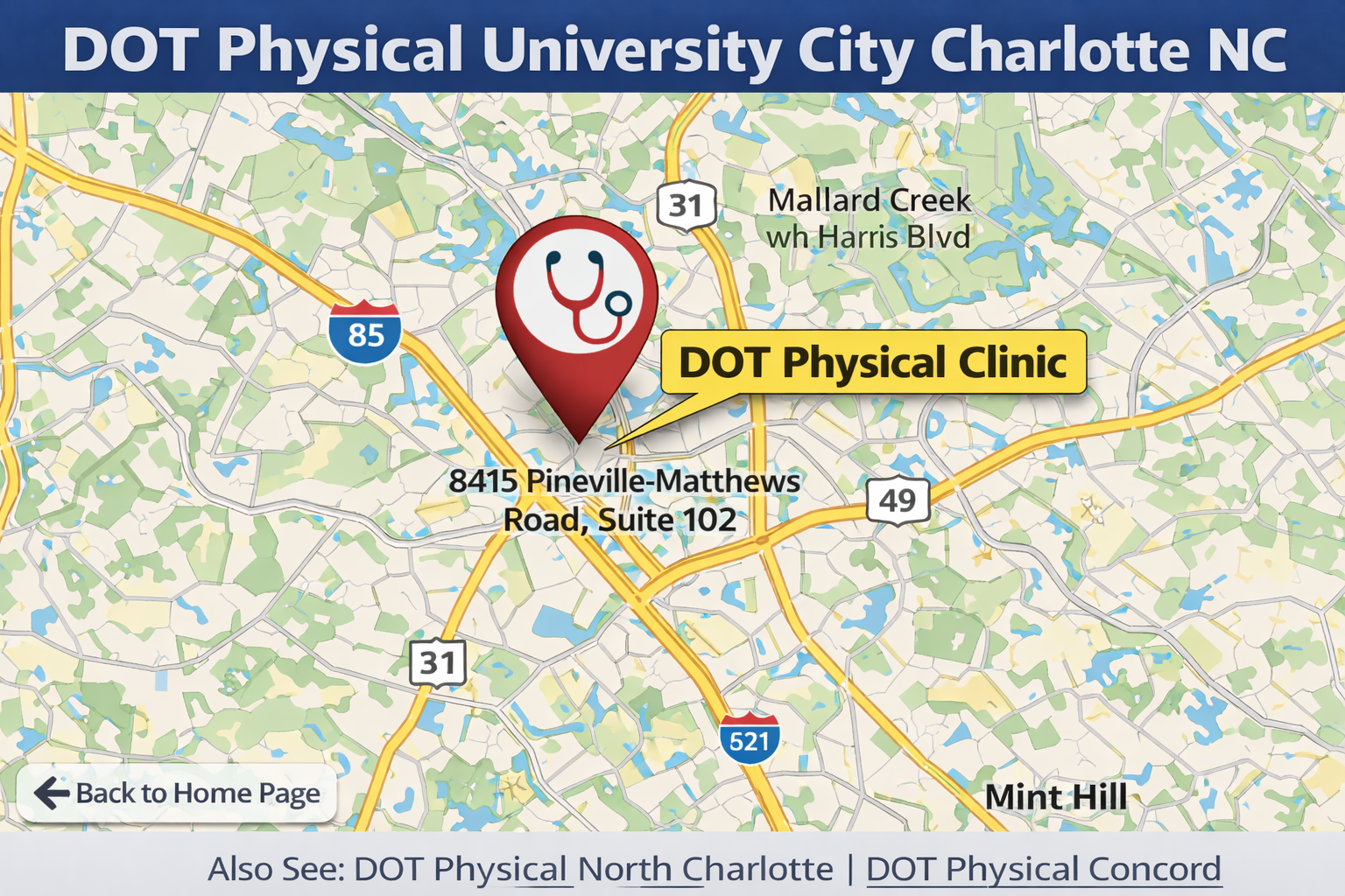 DOT Physical University City Charlotte – CDL Medical Exams Near University City NC 9 Map showing driving route for DOT physical University City Charlotte to Charlotte DOT Exam Center at 8415 Pineville Matthews Road Suite 102 for DOT physical exams