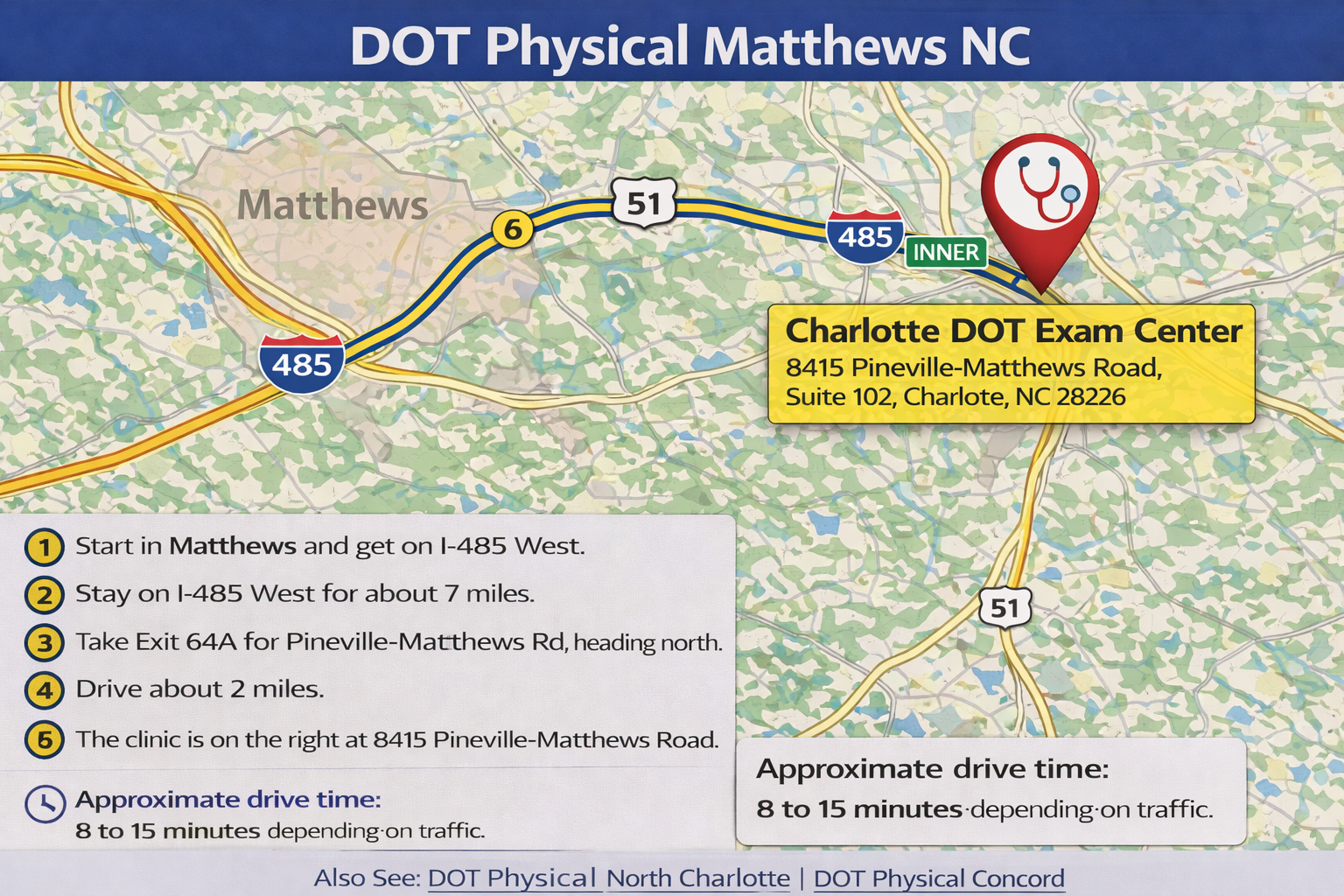 DOT Physical Matthews NC – CDL Medical Exams Near Matthews NC 17 Map showing driving route to DOT physicals Matthews NC at the Charlotte DOT Exam Center at 8415 Pineville Matthews Road Suite 102 for DOT physical exams