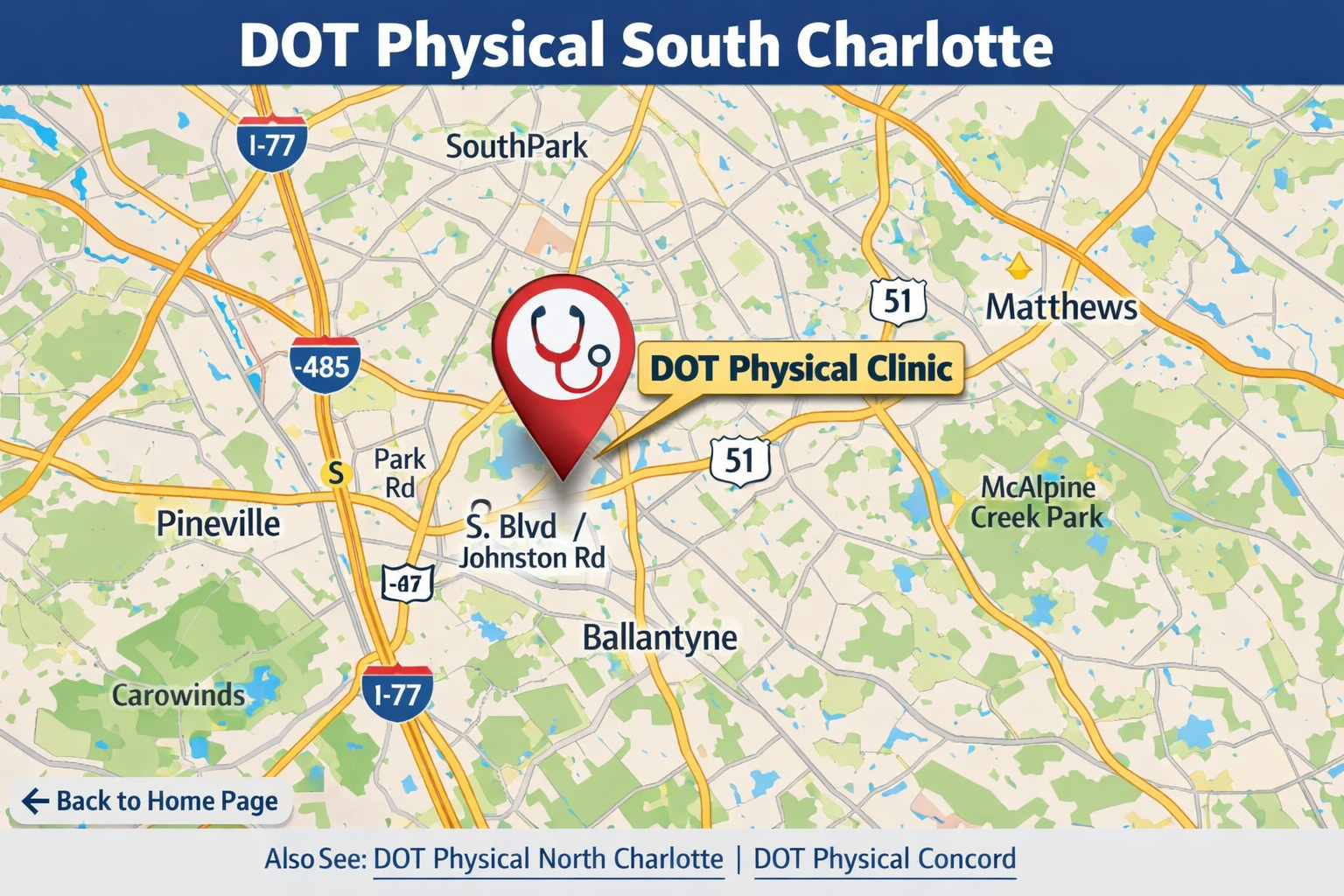 DOT Physical South Charlotte – CDL Medical Exams Near South Charlotte NC 2 Map showing driving route from South Charlotte to Charlotte DOT Exam Center at 8415 Pineville Matthews Road Suite 102 for DOT physical exams