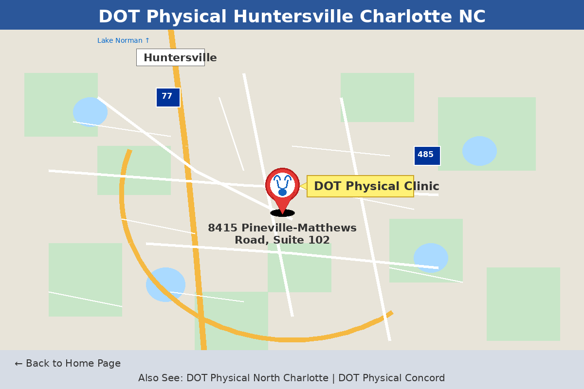 DOT Physical Huntersville NC – CDL Medical Exams Near Huntersville NC 7 Map showing driving route for DOT physical Huntersville NC to Charlotte DOT Exam Center at 8415 Pineville Matthews Road Suite 102 for DOT physical exams